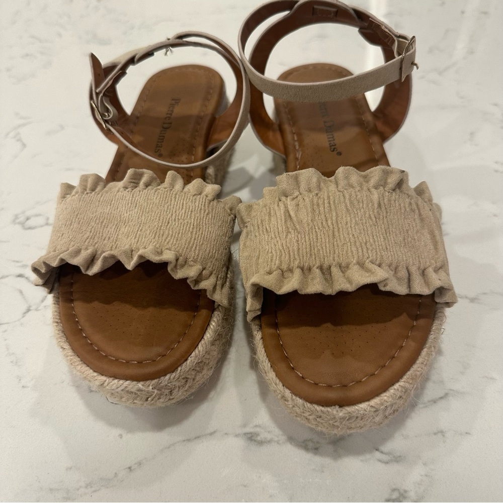 PIERRE DUMAS suede one strap sandal with adjustable around the ankle closure